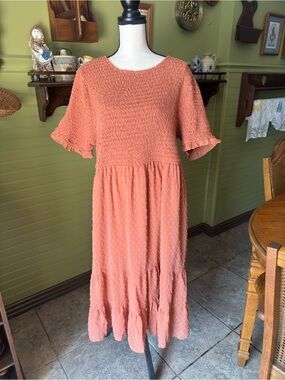 POLAGRAM Smocked Swiss Dot Midi Dress – Size 2X – Terracotta/Rust
